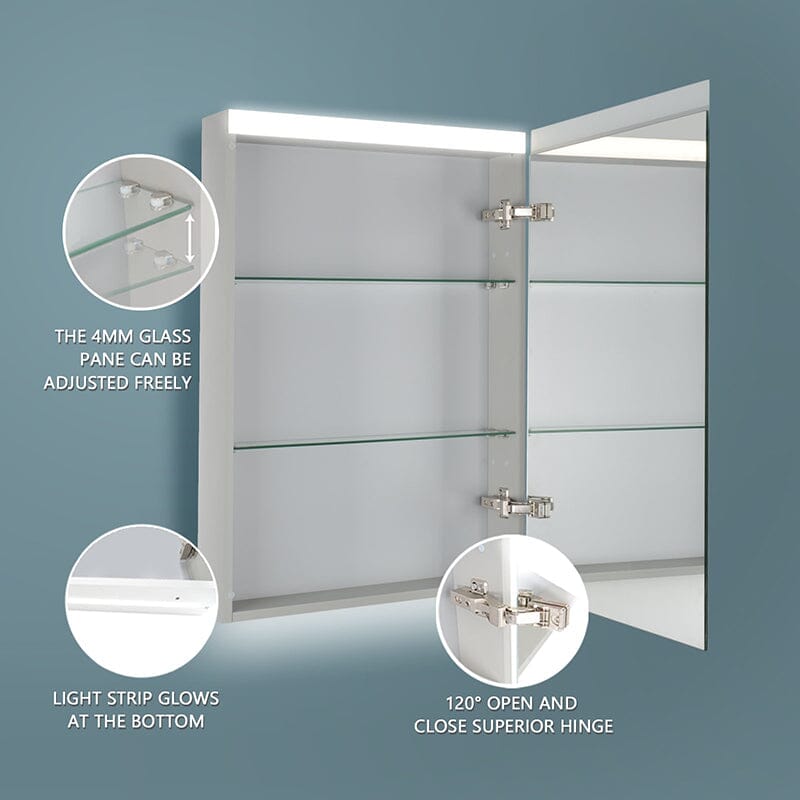 24 x 30 Inch Dimmable LED Bathroom Mirror Cabinet with 3-Tier Storage Shelves