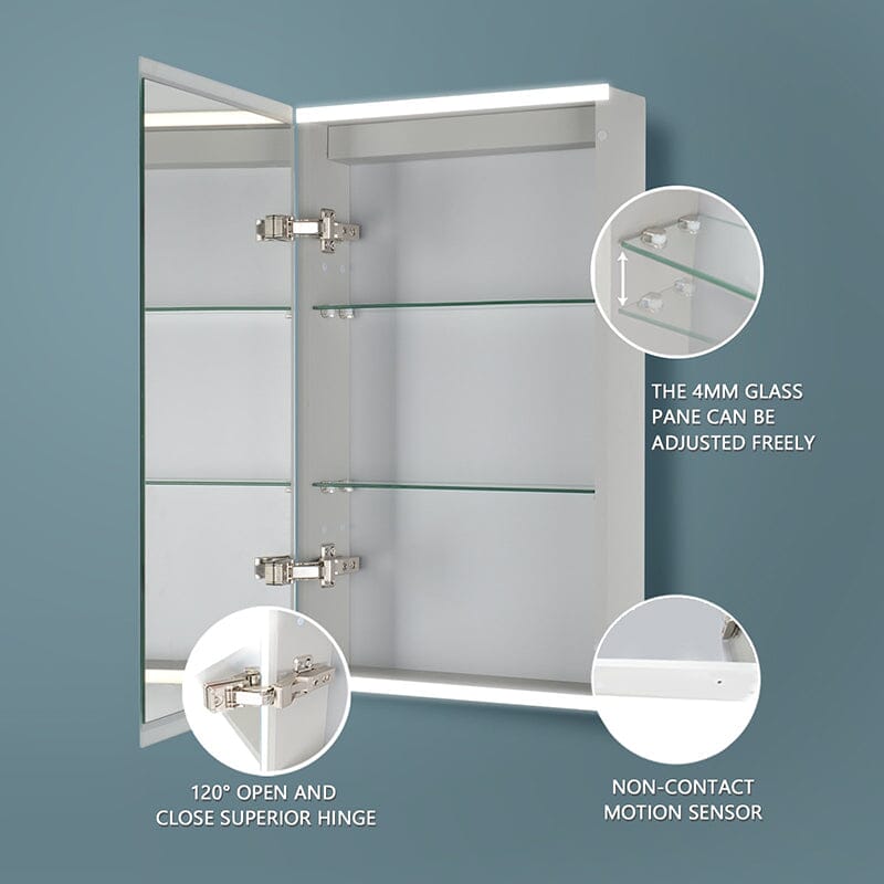 15 x 26  Inch Dimmable LED Bathroom Mirror Cabinet with 3-Tier Storage Shelves