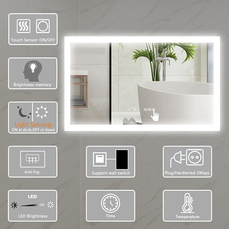 40 x 24 Inch LED Bathroom Mirror Anti Fog Dimmable Touch Button Memory Function