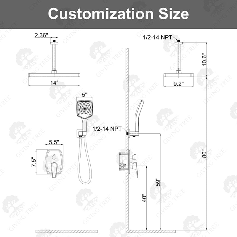 Shower Set 14&quot; Rectangular Ceiling Shower Head with Hand Shower