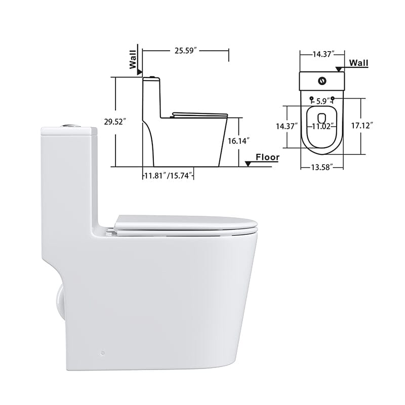 Modern Small One-Piece Floor Mount Toilet 1.1/1.6 GPF Dual Flush and Soft Close Seat