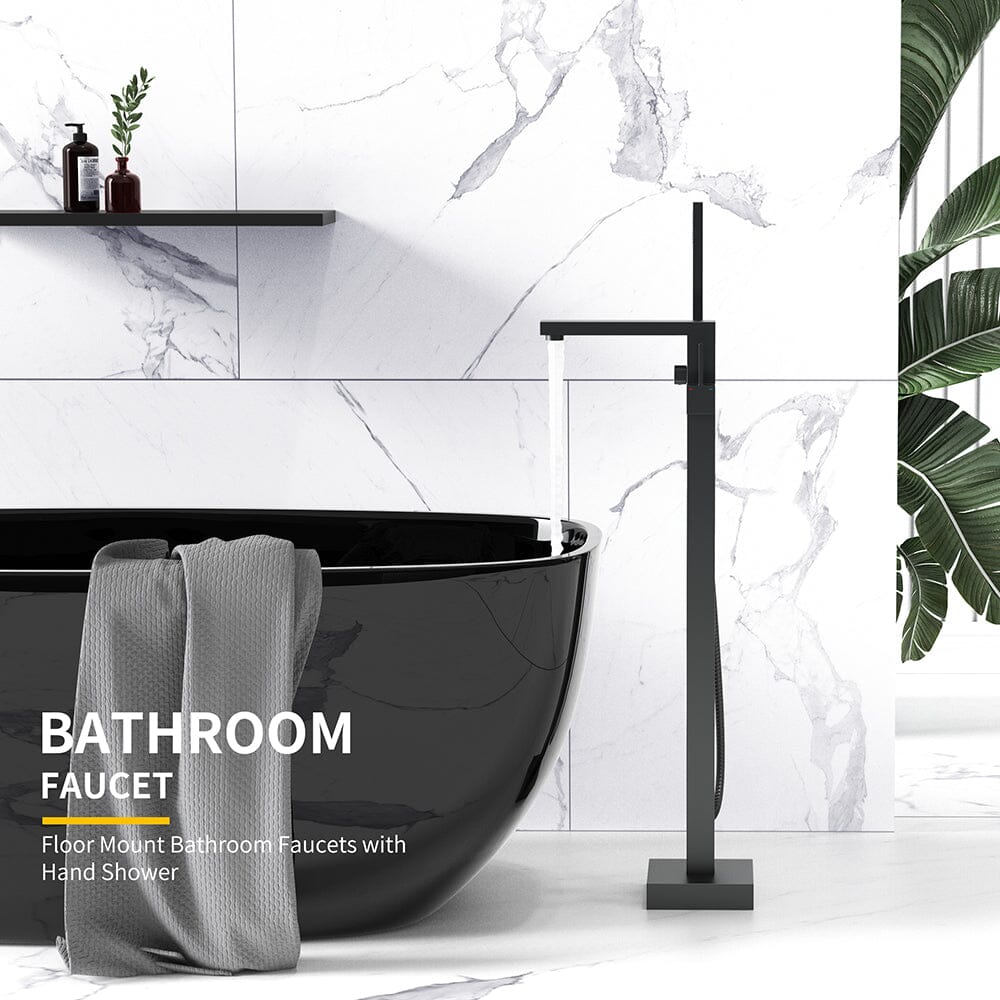 Matte Black Freestanding Bathtub Faucet Floor Mount Tub Filler Single Handle with Hand Shower