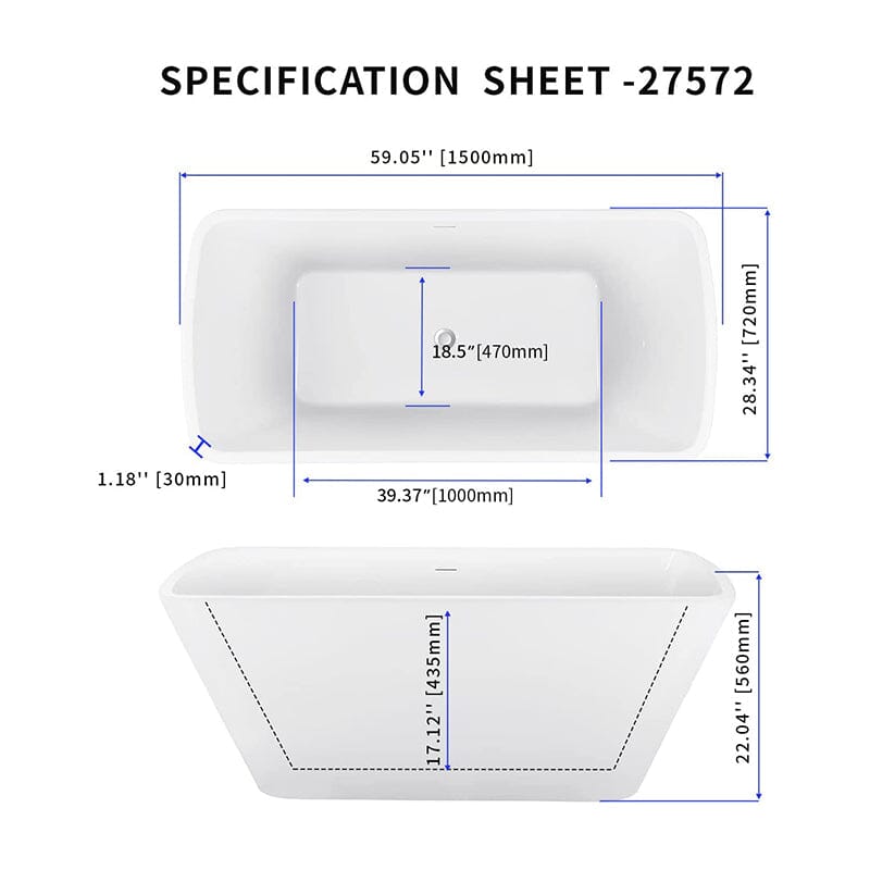 Mokleba 59 Inch Lucite Acrylic Bathtub Trapezoidal Shape Freestanding Soaking Tub Glossy White