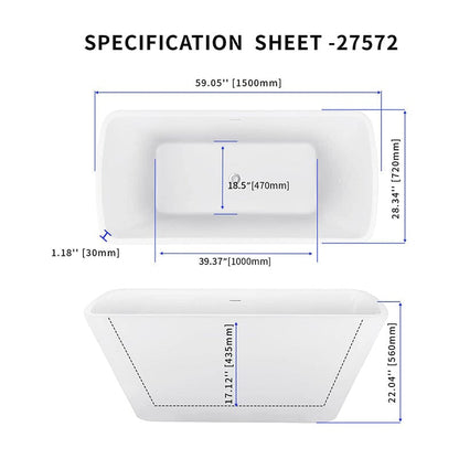 Mokleba 59 Inch Lucite Acrylic Bathtub Trapezoidal Shape Freestanding Soaking Tub Glossy White