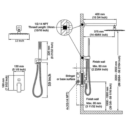 12 inch Single Handle 2-Spray Rain Shower Head Systems Square Wall Mounted Shower