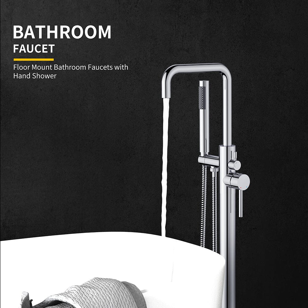 Freestanding Tub Filler Floor Mount Chrome Bathtub Faucet with Handheld Shower