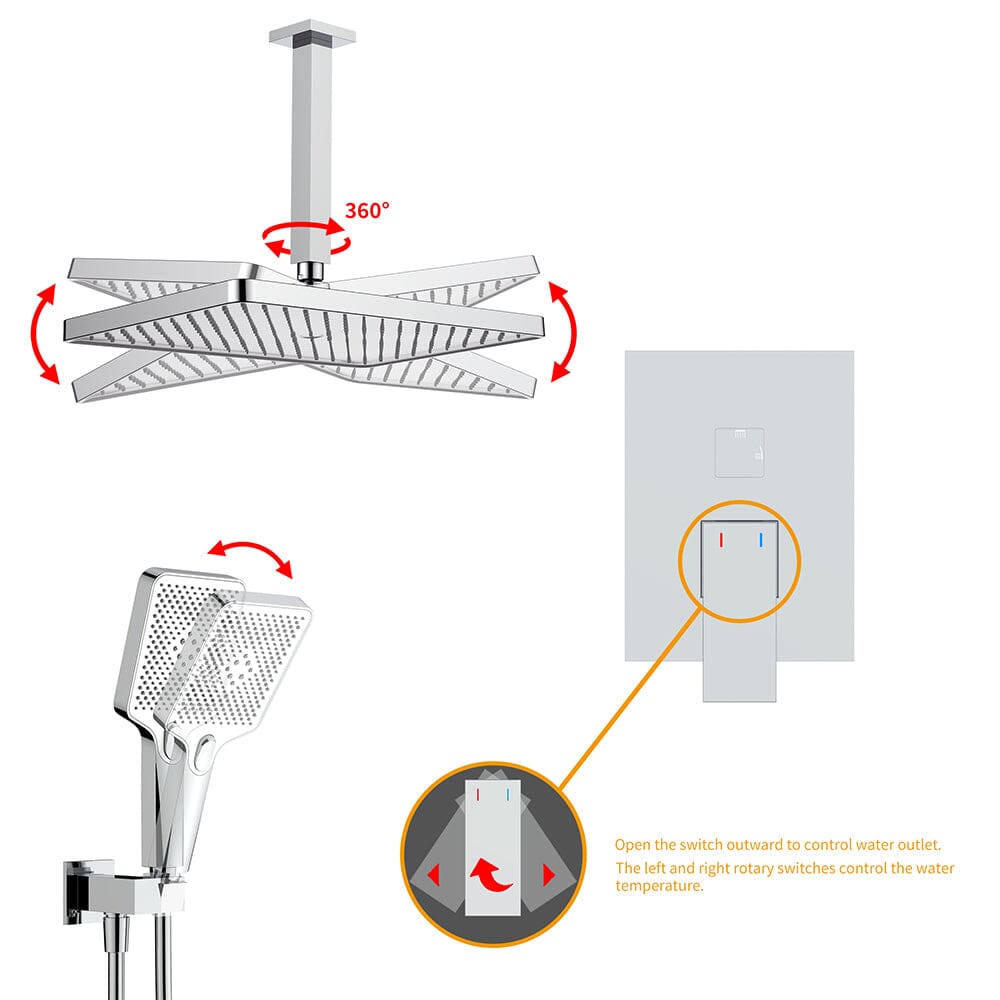 Shower Set 14.2&quot; Rectangular Ceiling Shower Head with 3 Functions Hand Shower