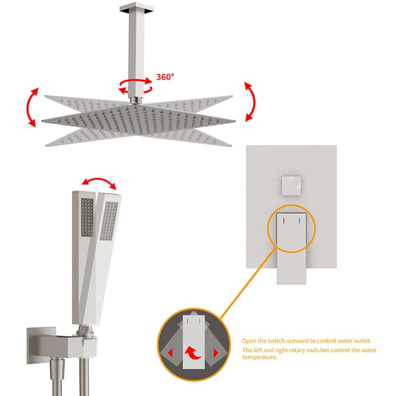 12&quot; Ceiling Mounted Square Shower Systems with Head Shower &amp; Hand Shower Combo Set