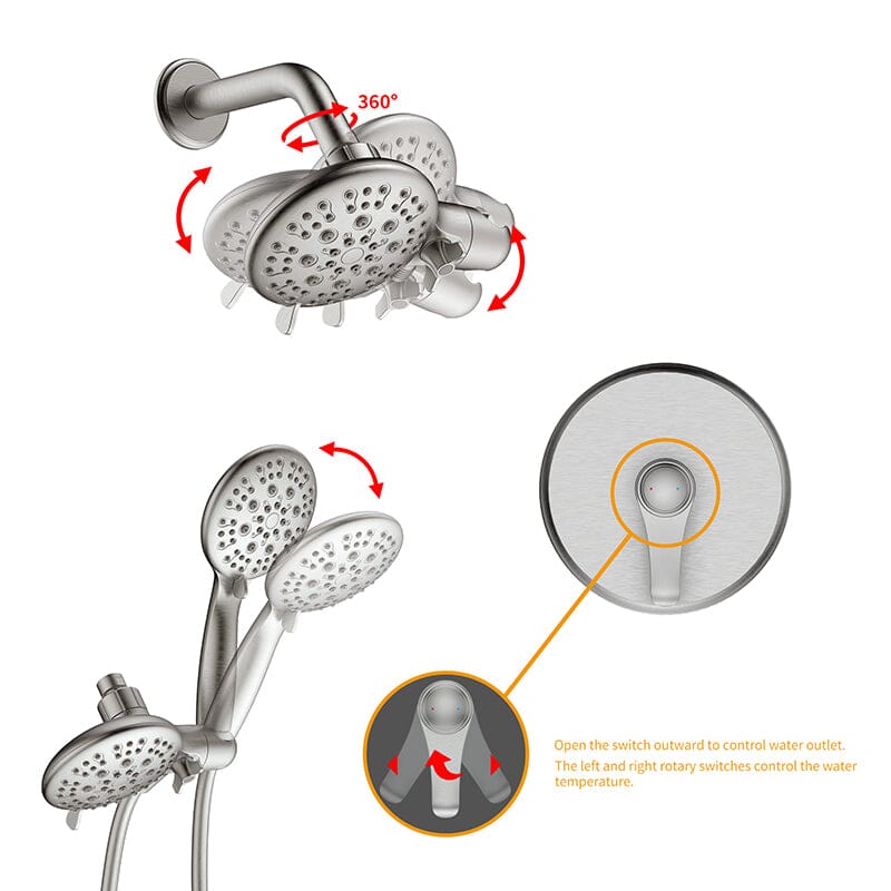 6 Spray Mode Dual Rain &amp; Handheld Shower Heads Combo with Hose