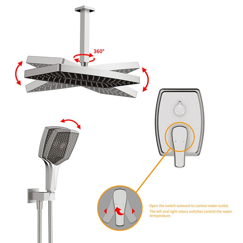 Shower Systems 14&quot; Rectangular Ceiling Shower Head with Hand Shower &amp; Tub Spout