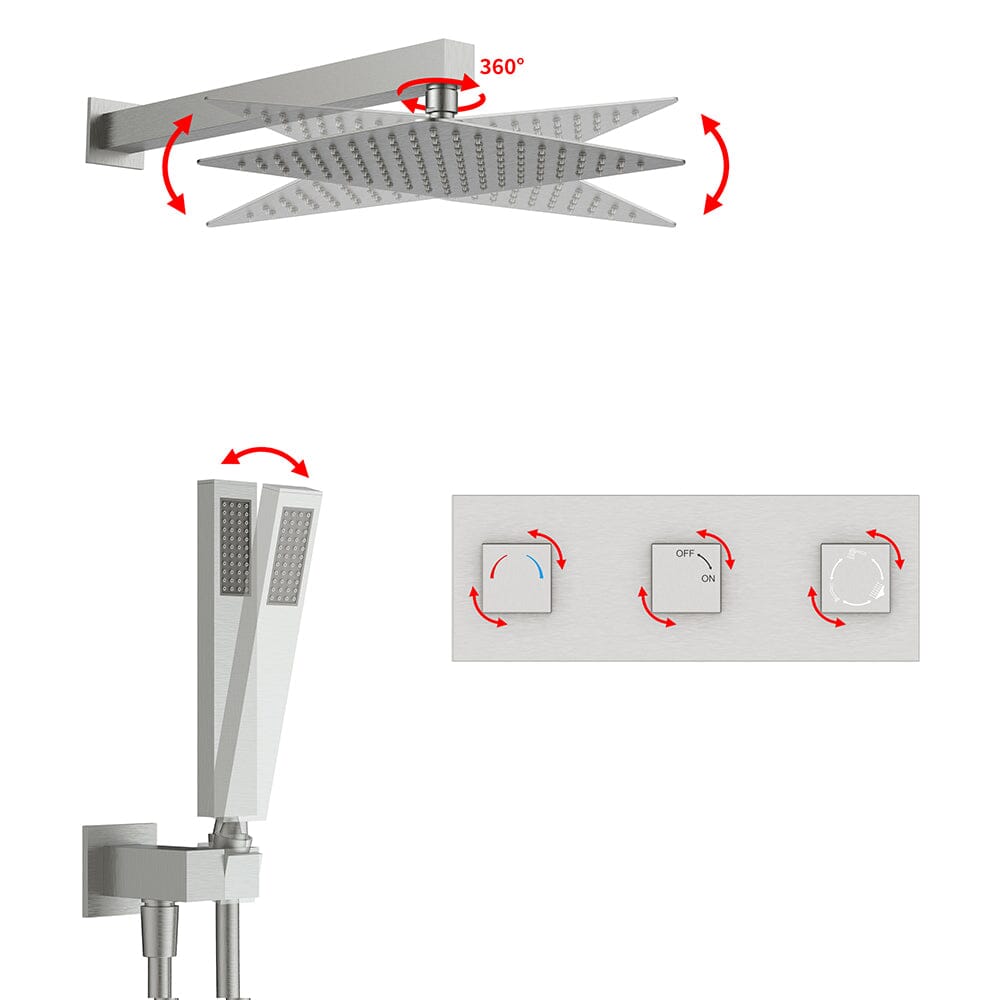 Bathroom 12&quot; Square Wall Mounted Shower Set with Hand Shower &amp; Tub Spout