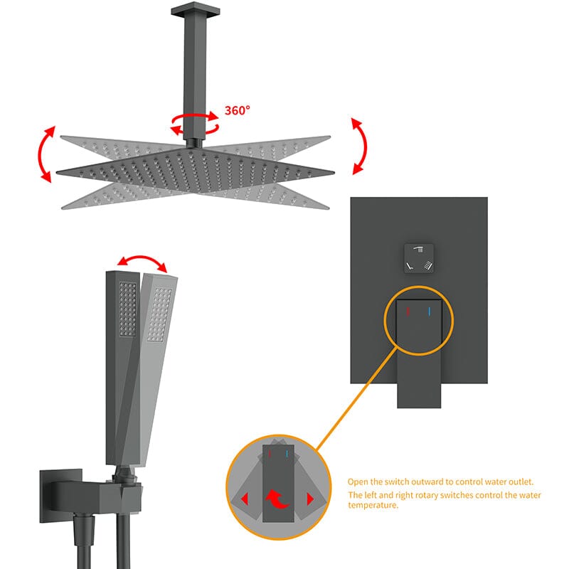 12&quot; Ceiling Mounted Square Shower Systems with Head Shower &amp; Hand Shower Combo Set