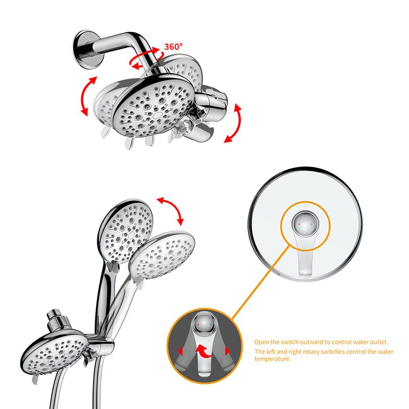 6 Spray Mode Dual Rain &amp; Handheld Shower Heads &amp; Tub Spout Combo Set