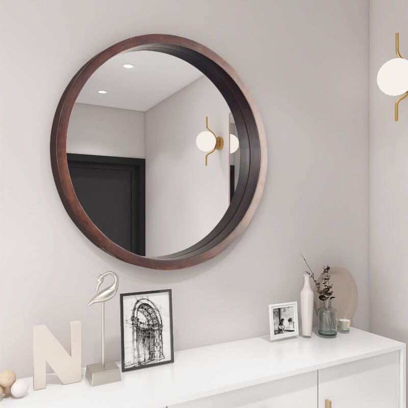 24&quot; Round Modern Mirror with Wood Frame Decoration for Bathroom Living Room Bedroom