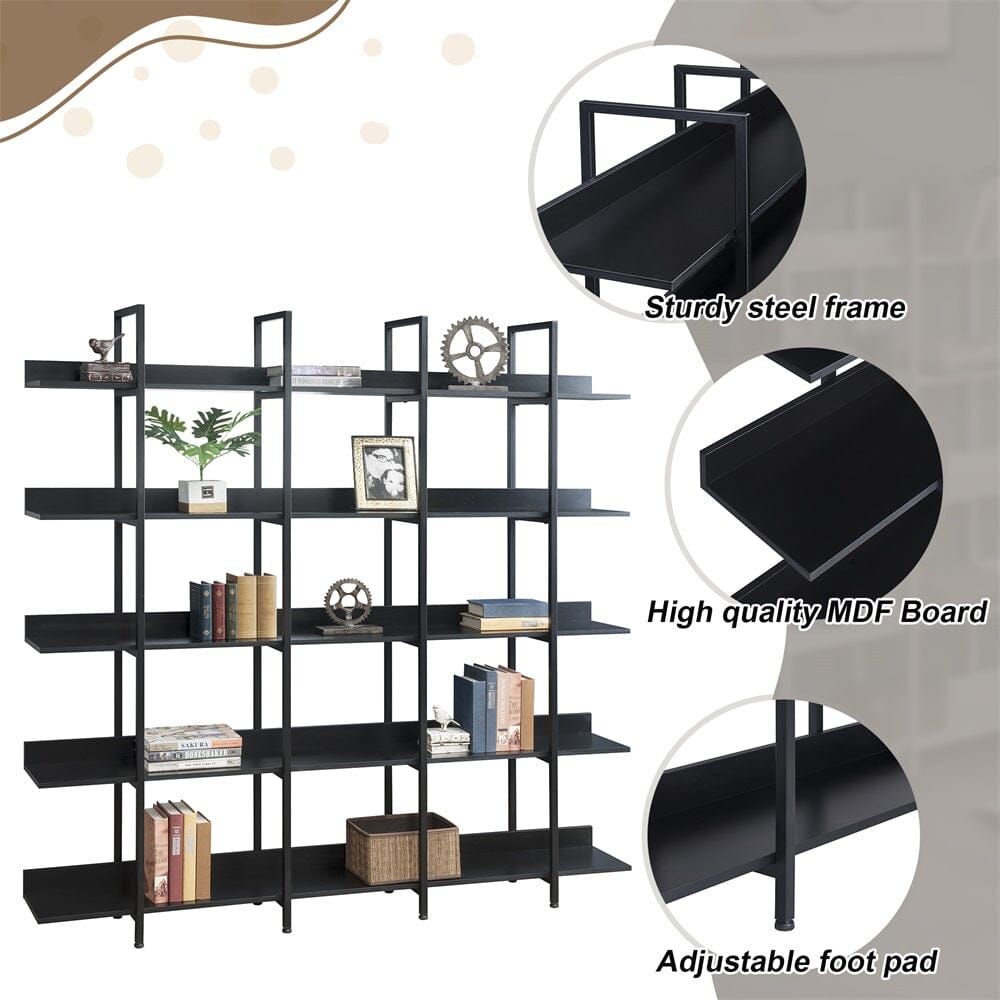 Giving Tree 5 Tier Bookcase Home Office Open Bookshelf, Vintage Industrial Style Shelf with Metal Frame, MDF Board