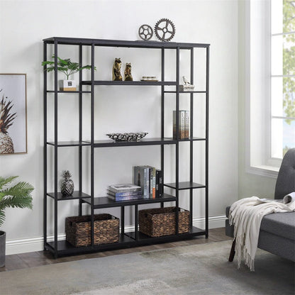 Giving Tree Bookcase and Bookshelf, Home Office 5 Tier Bookshelf, Open Freestanding Storage Shelf with Metal Frame, Black