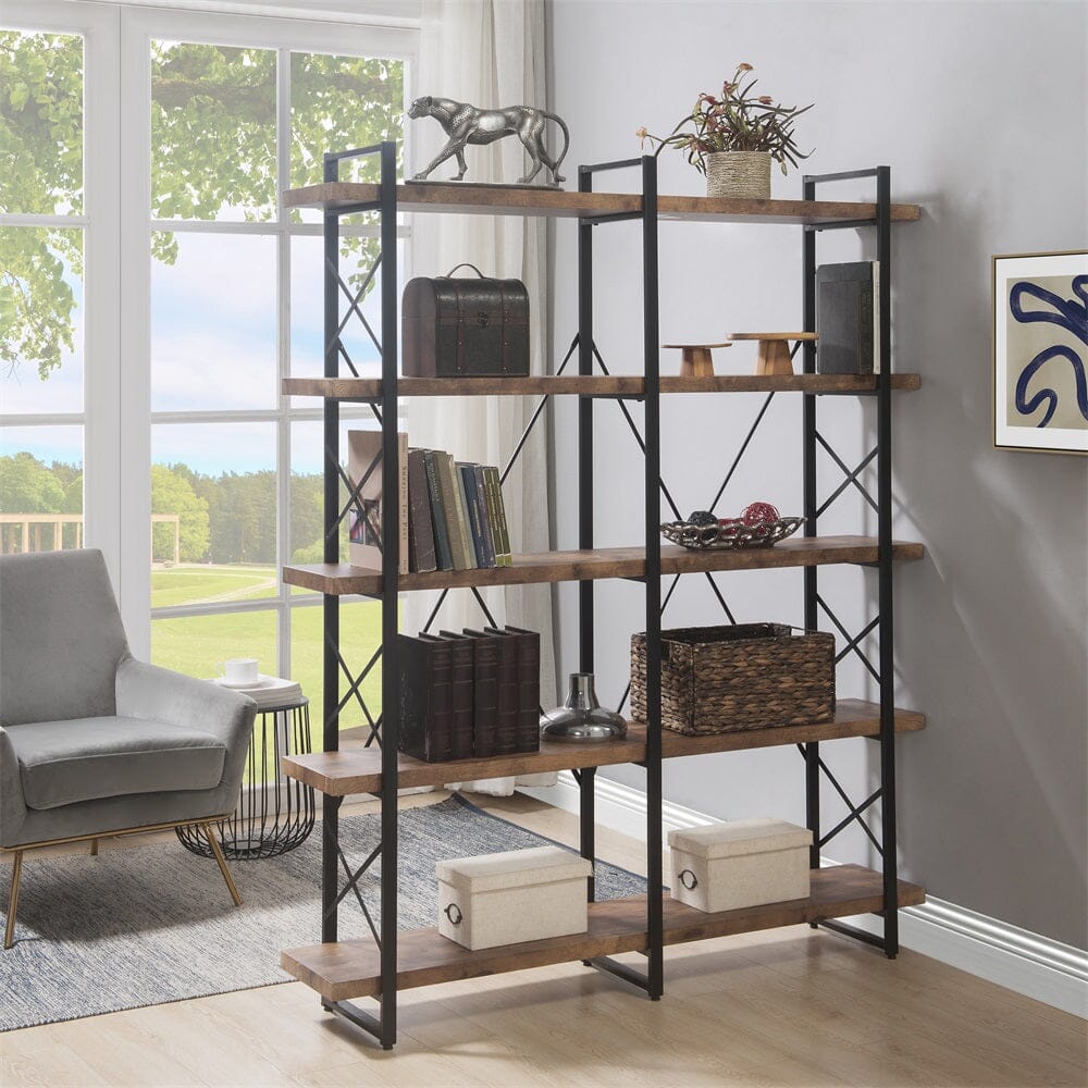 Giving Tree Home Office 5 Tier Bookshelf, X Design Etageres Storage Shelf, Industrial Bookcase for Office with Metal Frame