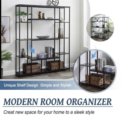 Giving Tree Bookcase and Bookshelf, Home Office 5 Tier Bookshelf, Open Freestanding Storage Shelf with Metal Frame, Black