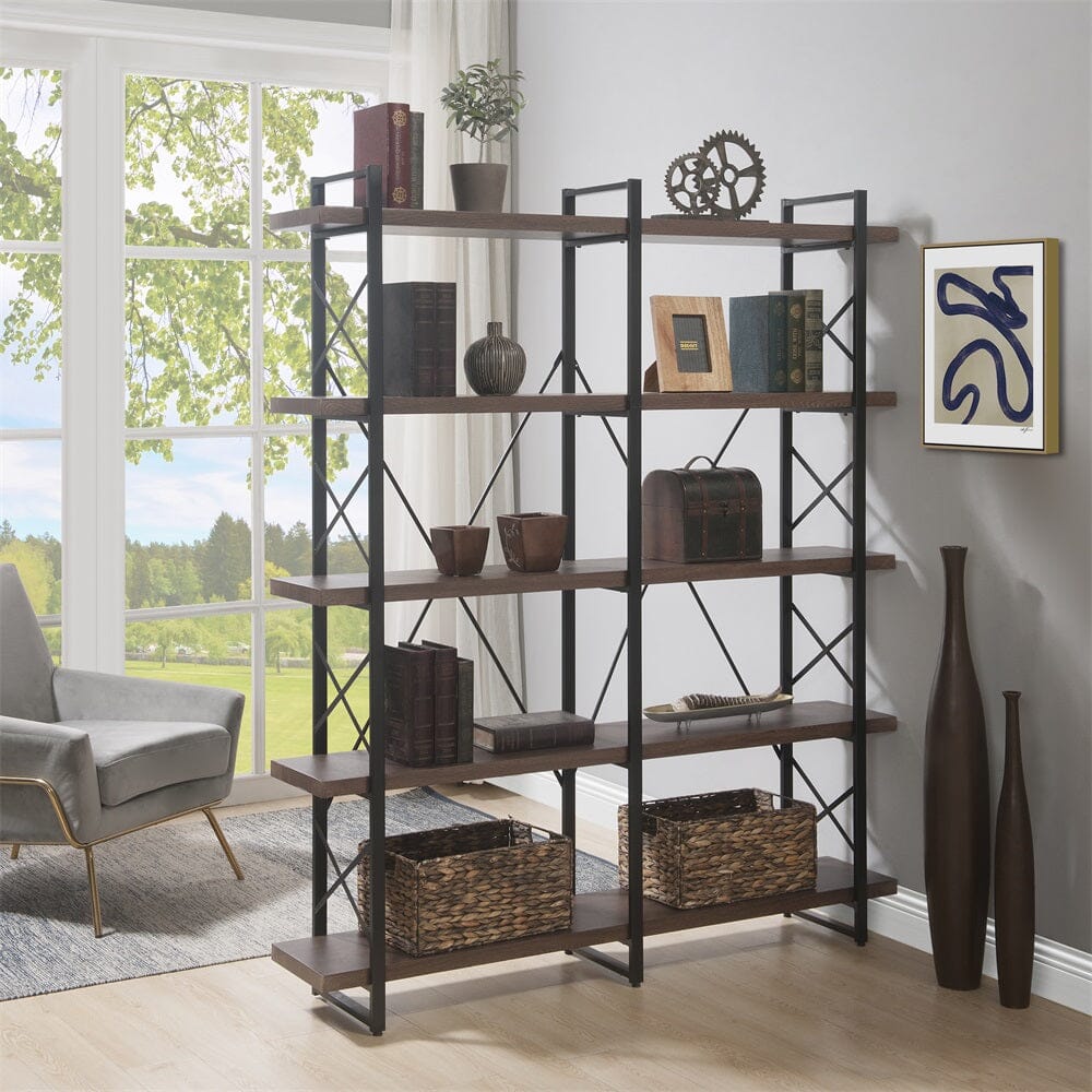 Giving Tree Home Office 5 Tier Bookshelf, X Design Etageres Storage Shelf, Industrial Bookcase for Office with Metal Frame