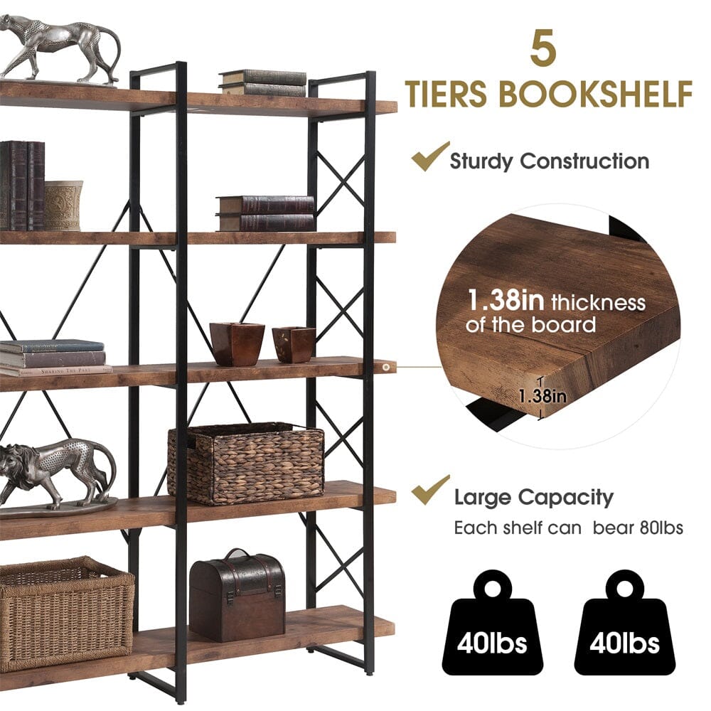 Giving Tree Home Office 5 Tier Bookshelf, X Design Etageres Storage Shelf, Industrial Bookcase for Office with Metal Frame