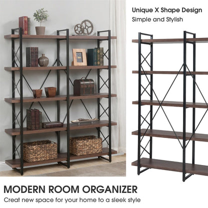 Giving Tree Home Office 5 Tier Bookshelf, X Design Etageres Storage Shelf, Industrial Bookcase for Office with Metal Frame