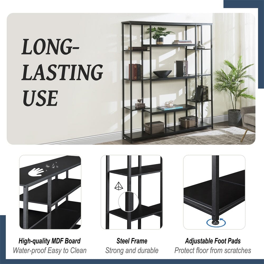 Giving Tree Bookcase and Bookshelf, Home Office 5 Tier Bookshelf, Open Freestanding Storage Shelf with Metal Frame, Black