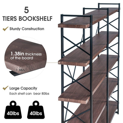 Giving Tree Home Office 5 Tier Bookshelf, X Design Etageres Storage Shelf, Industrial Bookcase for Office with Metal Frame