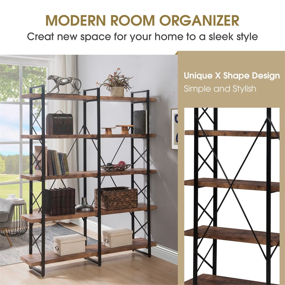 Giving Tree Home Office 5 Tier Bookshelf, X Design Etageres Storage Shelf, Industrial Bookcase for Office with Metal Frame