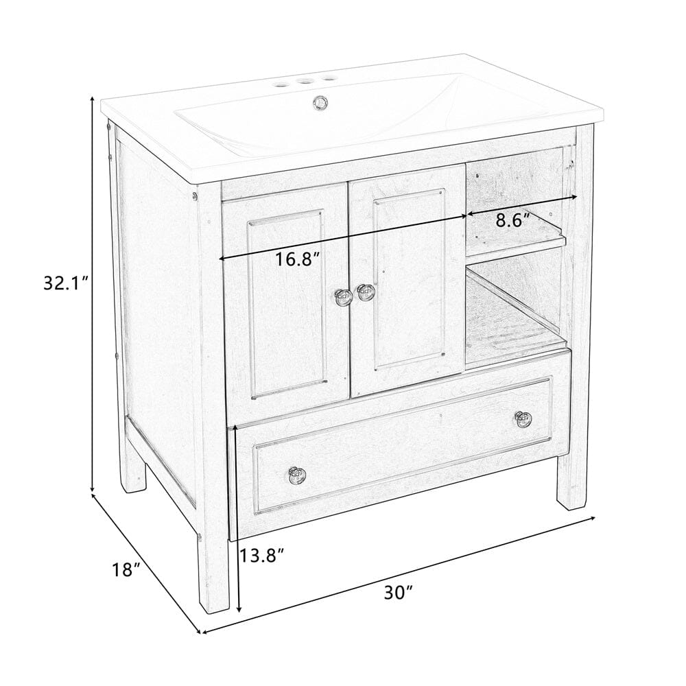 30&quot; Freestanding Bathroom Vanity Storage Cabinet with Ceramic Sink