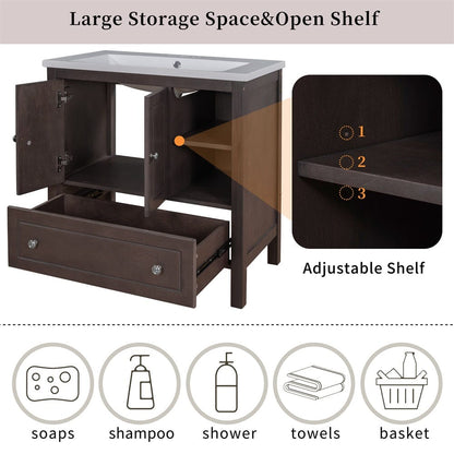 Giving Tree 30&quot; Bathroom Vanity with Sink, Bathroom Storage Cabinet with Doors and Drawers, Solid Wood Frame, Ceramic Sink, Brown