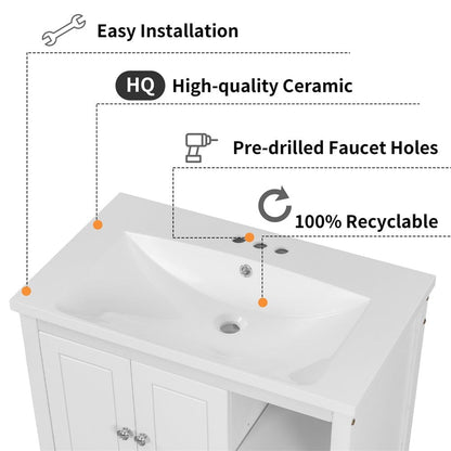 Giving Tree 30&quot; Single Bathroom Vanity Top with White Basin, 3-Faucet Holes, Ceramic