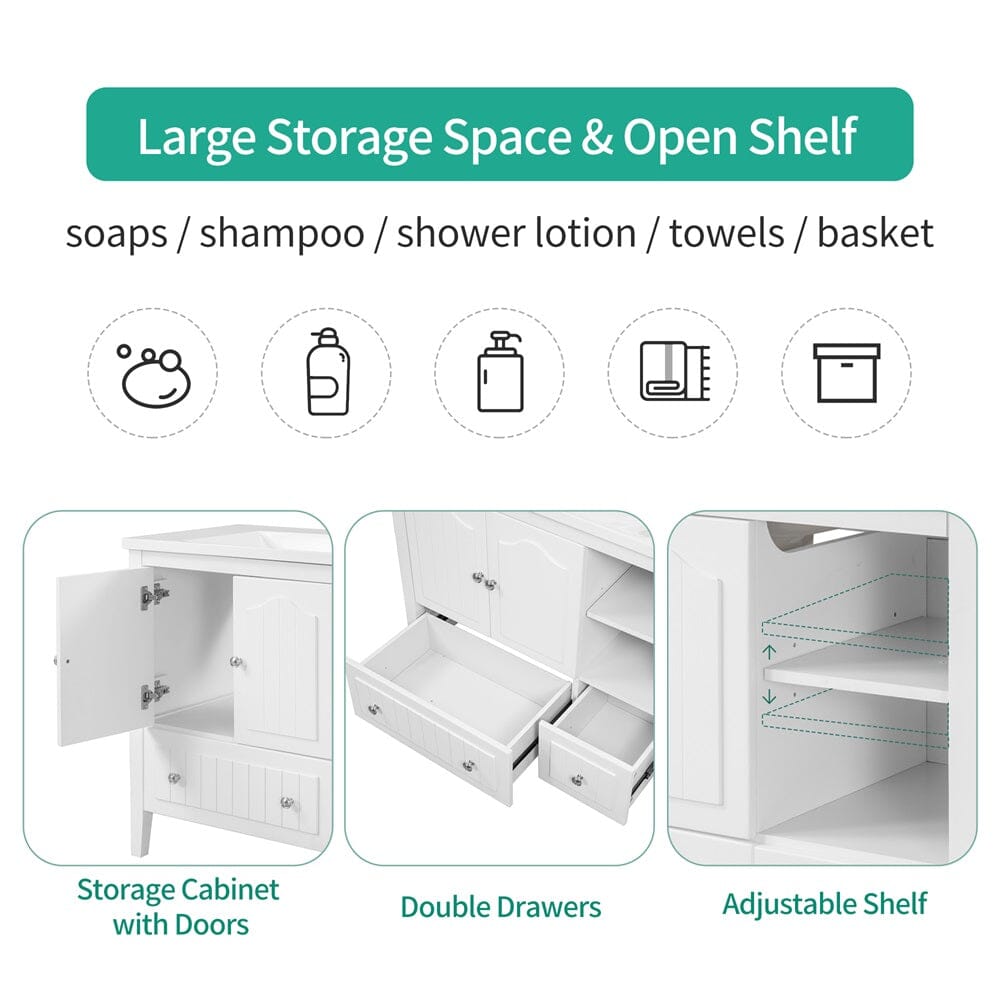 Dimensional instructions for 36-inch white bathroom vanity with top ceramic sink, two doors and drawers