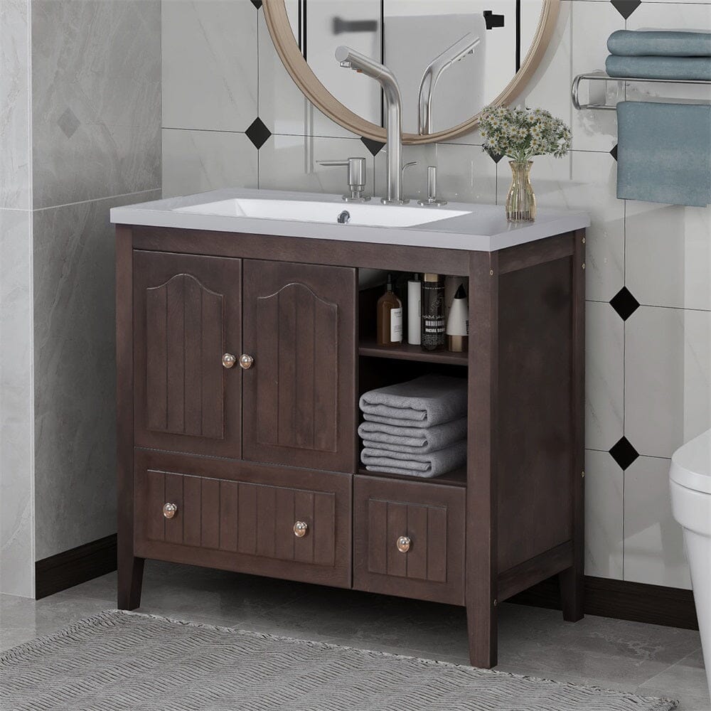 36&quot; Brown Bathroom Vanity with Ceramic Basin, Bathroom Storage Cabinet with Two Doors and Drawers