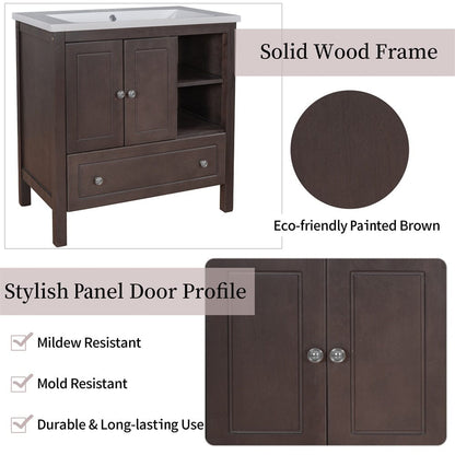 Giving Tree 30&quot; Bathroom Vanity with Sink, Bathroom Storage Cabinet with Doors and Drawers, Solid Wood Frame, Ceramic Sink, Brown