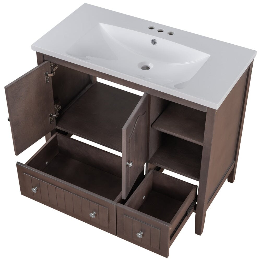 36&quot; Brown Bathroom Vanity with Ceramic Basin, Bathroom Storage Cabinet with Two Doors and Drawers