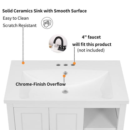 Giving Tree 30&quot; Single Bathroom Vanity Top with White Basin, 3-Faucet Holes, Ceramic