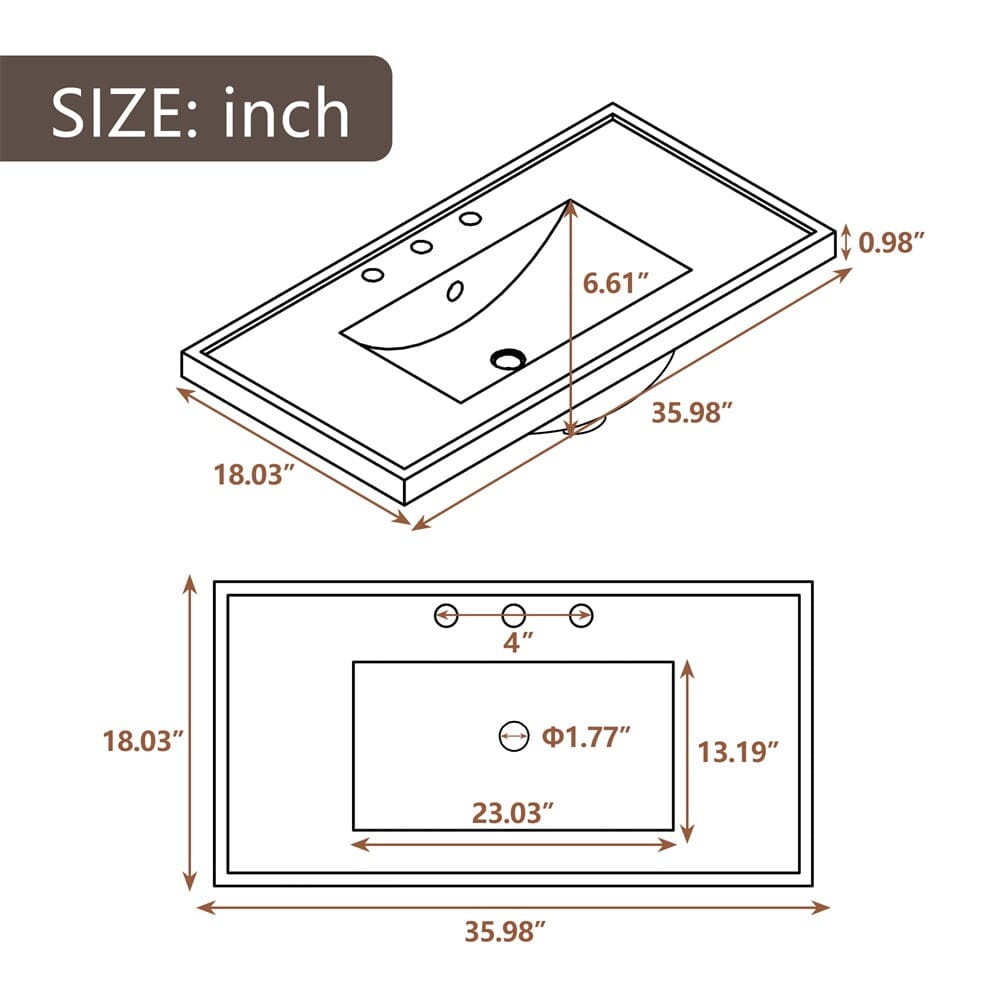 36&quot; Brown Bathroom Vanity with Ceramic Basin, Bathroom Storage Cabinet with Two Doors and Drawers