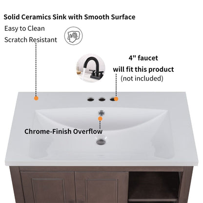 Giving Tree 30&quot; Single Bathroom Vanity Top with White Basin, 3-Faucet Holes, Ceramic, White