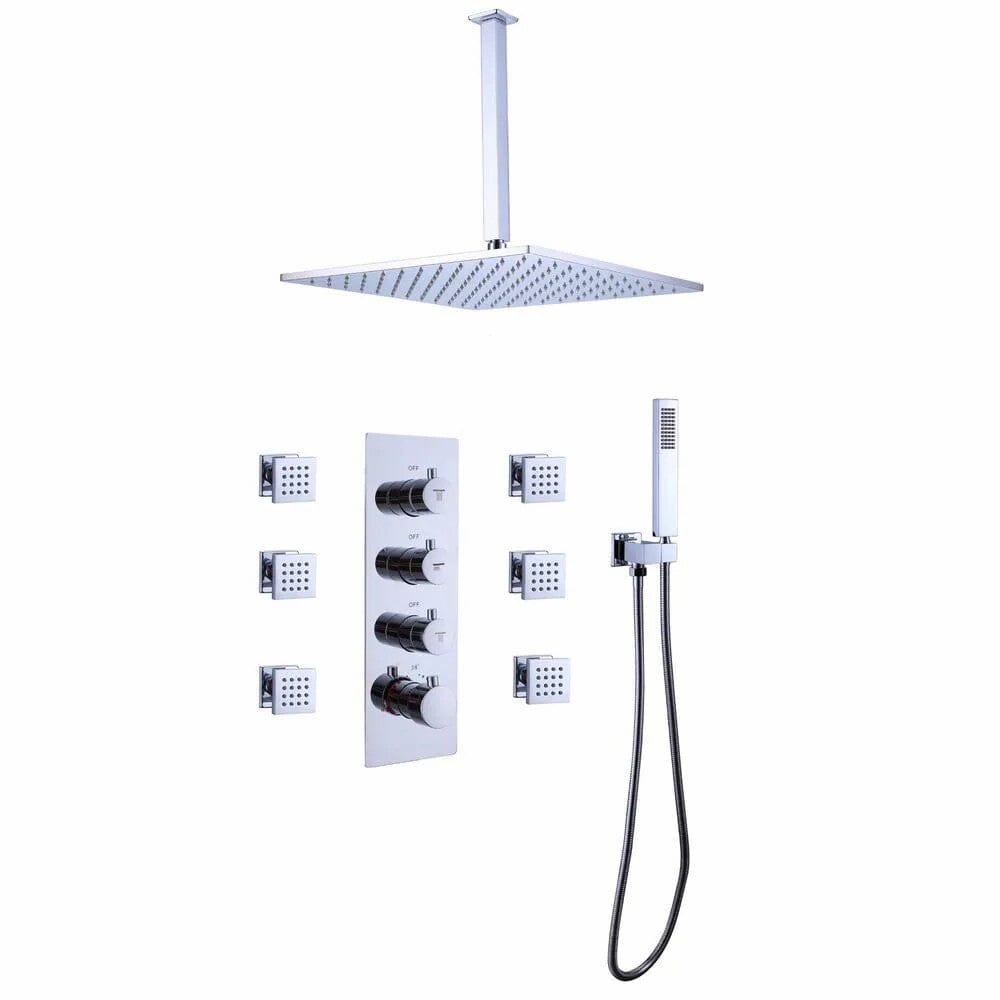 Ceiling Mounted Shower System with 4-Function Thermostatic Shower Valve &amp; Hand Shower &amp; Body Spray Jets