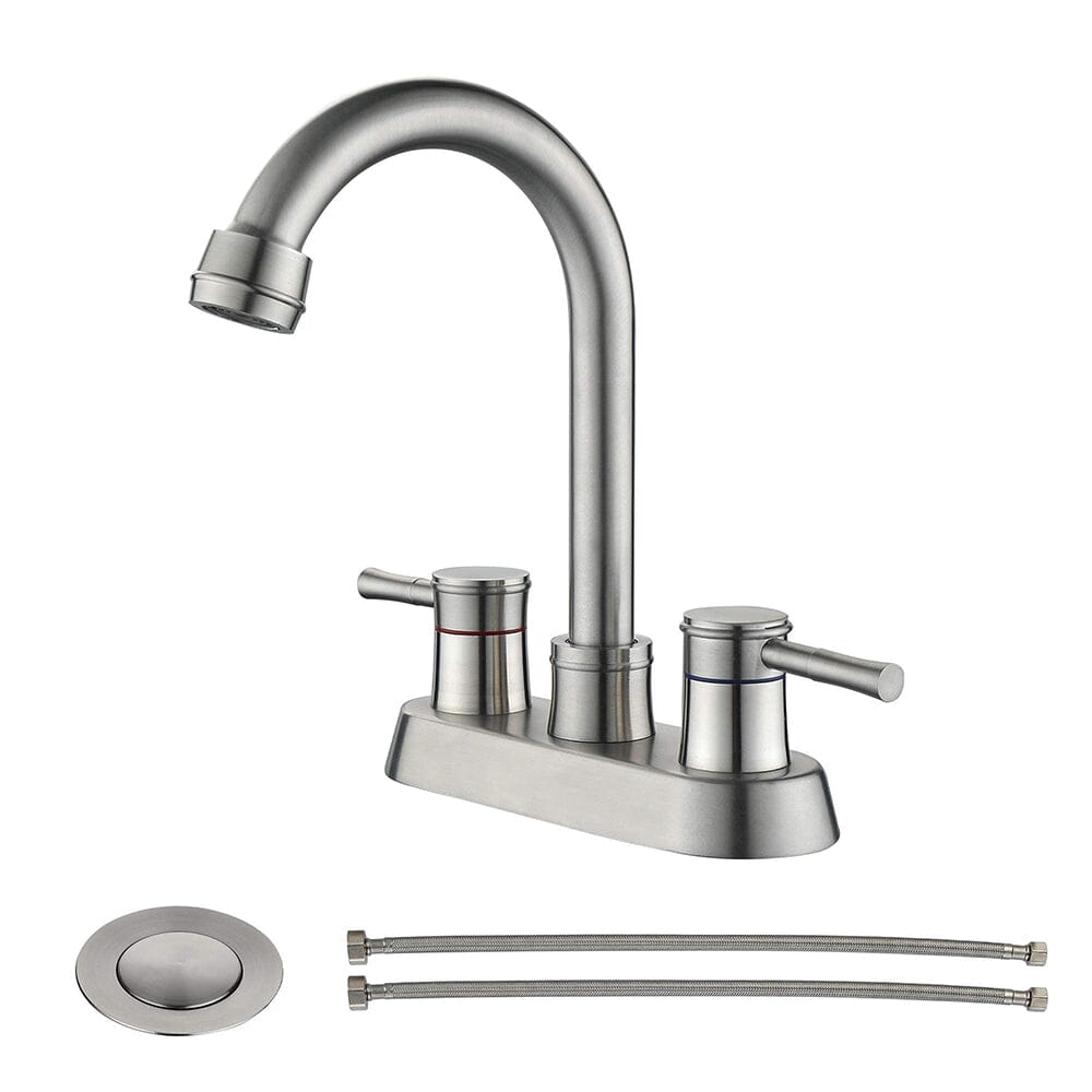 Bathroom Sink Faucet with Pop-Up Sink Drain and 2 Hoses, 3-Hole Stainless Steel High Arc