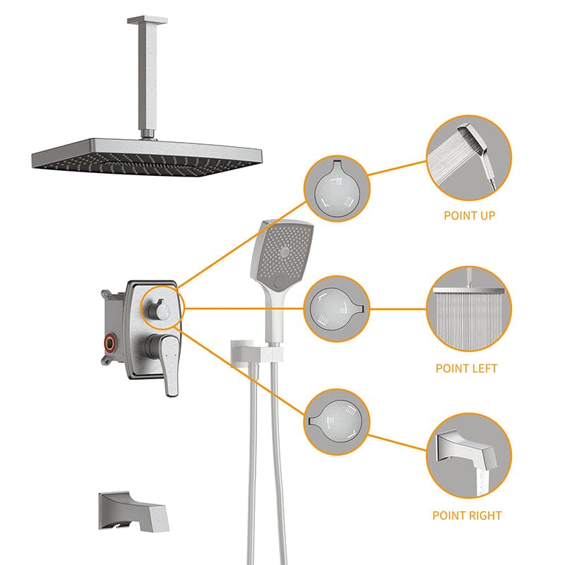 Shower Systems 14&quot; Rectangular Ceiling Shower Head with Hand Shower &amp; Tub Spout