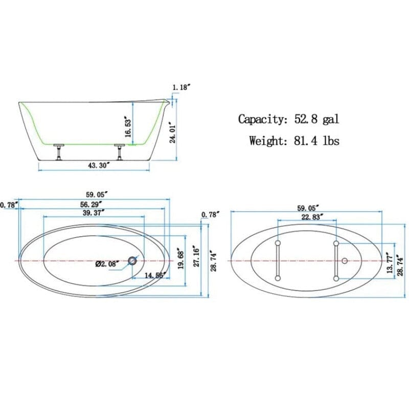 Mokleba 59&quot; Acrylic Oval Shape Freestanding Soaking Bathtub with Overflow