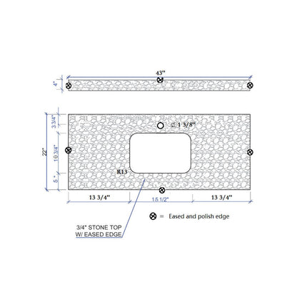 43 inches bathroom stone vanity top with undermount ceramic sink and single faucet hole with backsplash