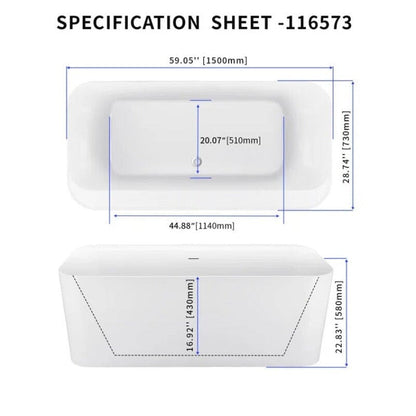 Mokleba 59&quot; Acrylic Rectangle Shape Flatbottom Freestanding Bathtub White