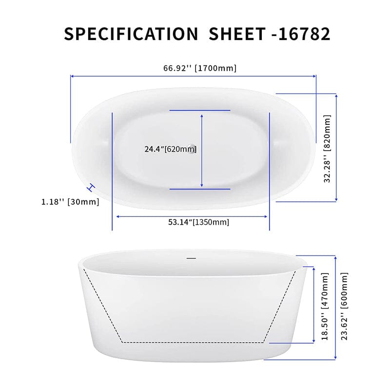 Mokleba 67&quot; Acrylic Modern Bathtub Oval Shape Freestanding Soaking Tub