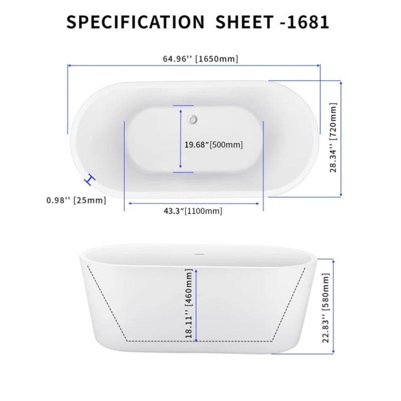 Mokleba 65&quot; Acrylic Oval Flatbottom Freestanding Soaking Bathtub in Glossy White