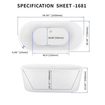 Mokleba 65&quot; Acrylic Oval Flatbottom Freestanding Soaking Bathtub in Glossy White