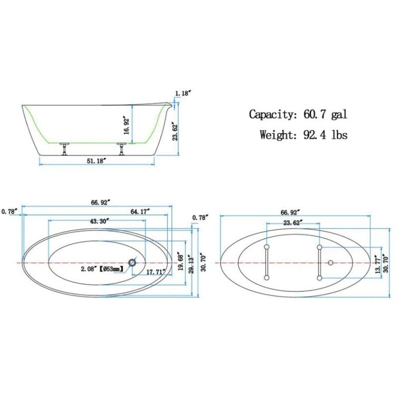 Mokleba 67&quot; Acrylic Oval Modern Freestanding Soaking Bathtub White