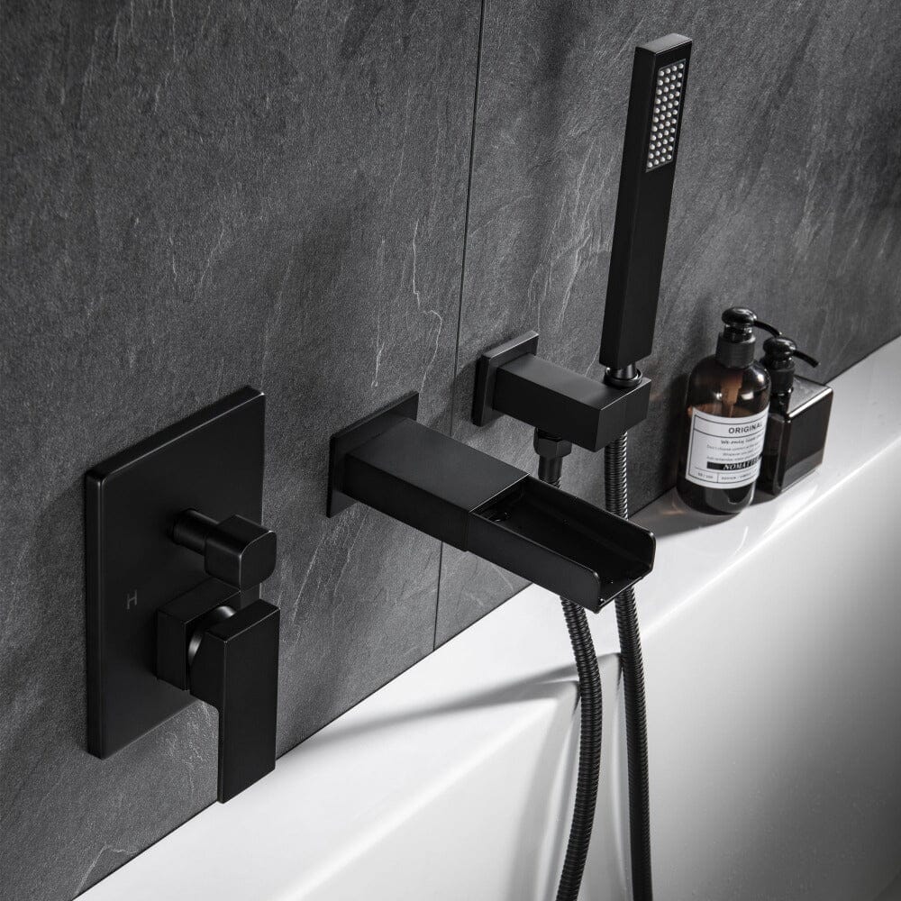 Waterfall Wall Mount Tub Faucet with Hand Shower, Matte Black