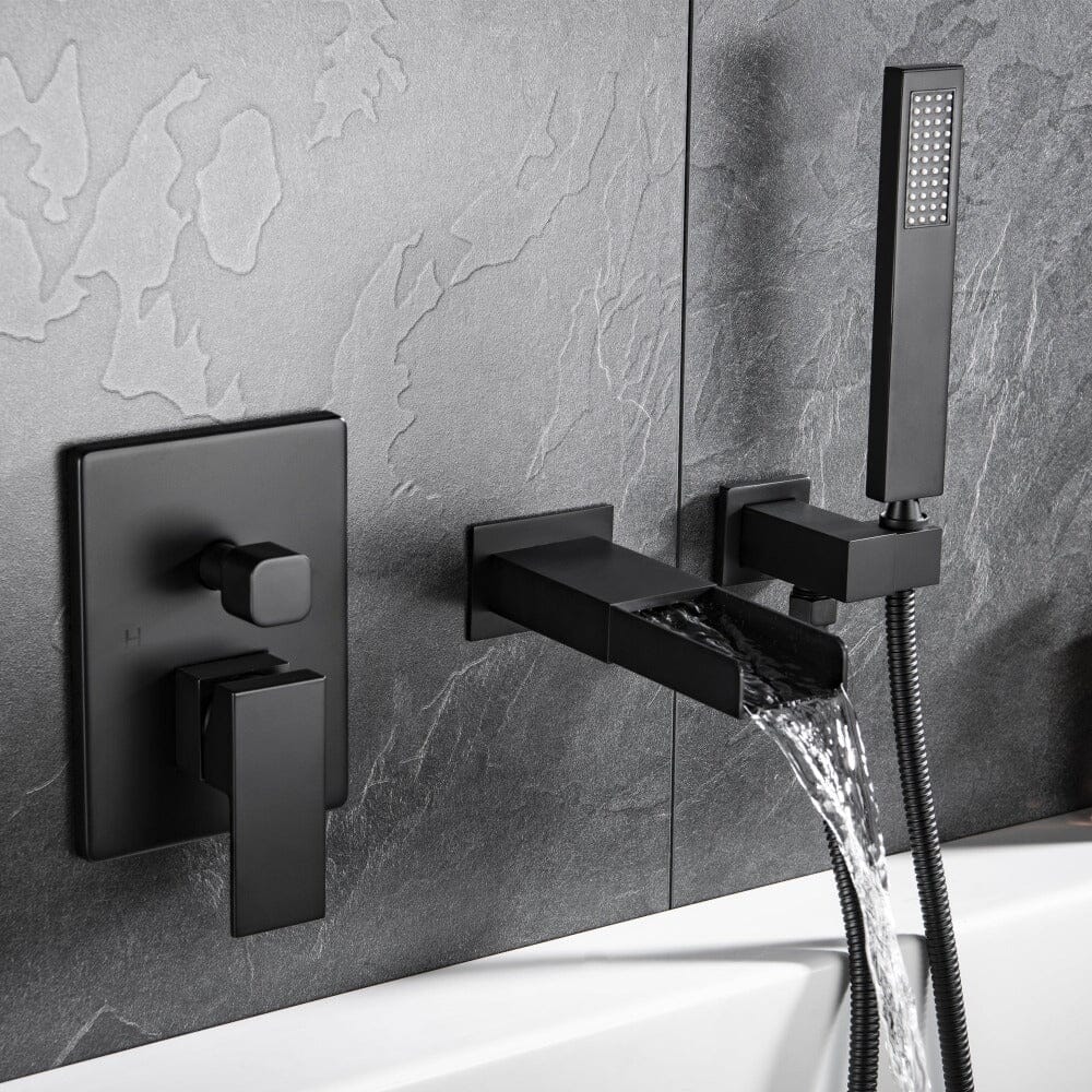 Waterfall Wall Mount Tub Faucet with Hand Shower, Matte Black